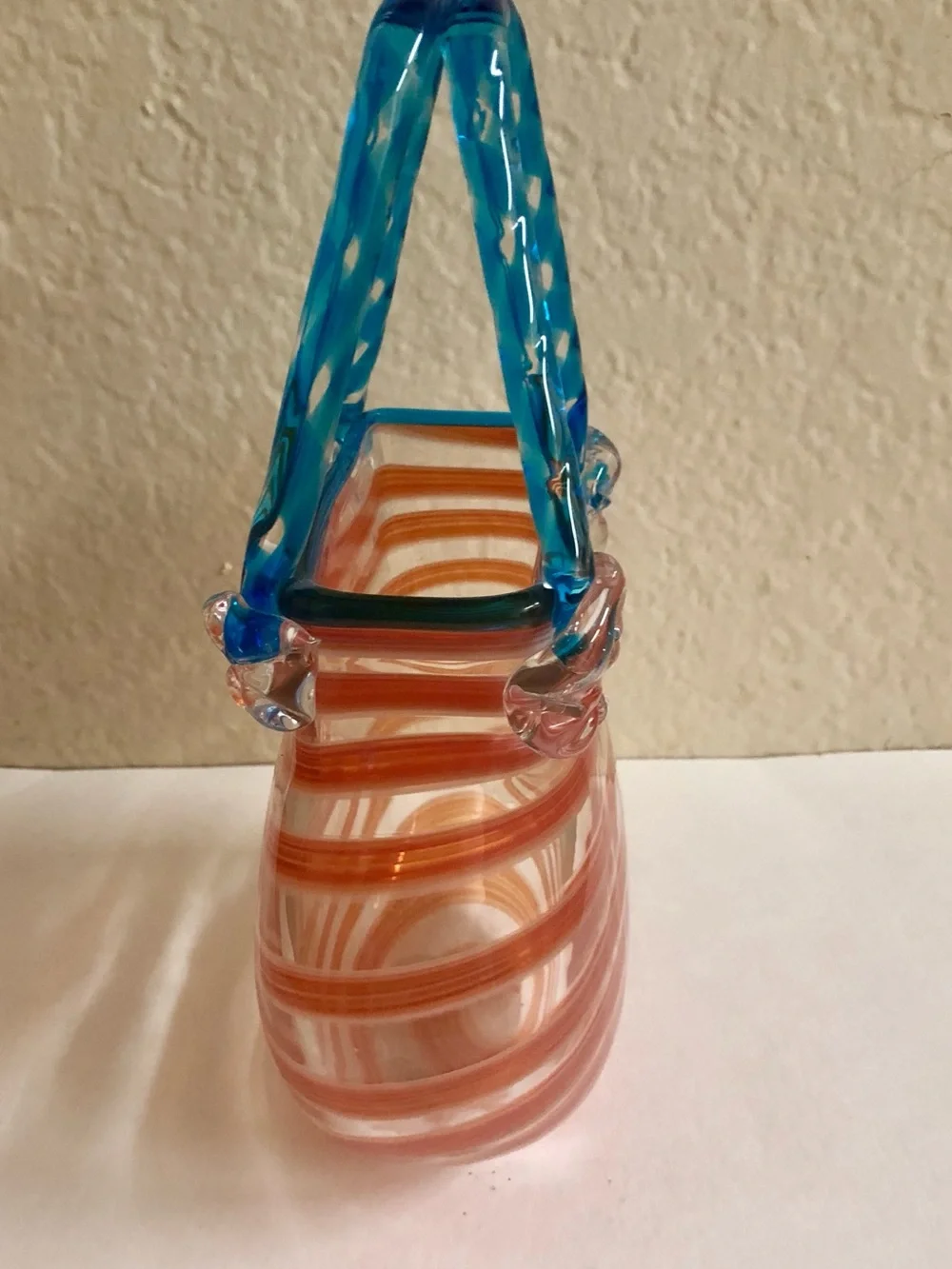 Handblown Glass Purse Vase with Orange Swirl and Blue Handle